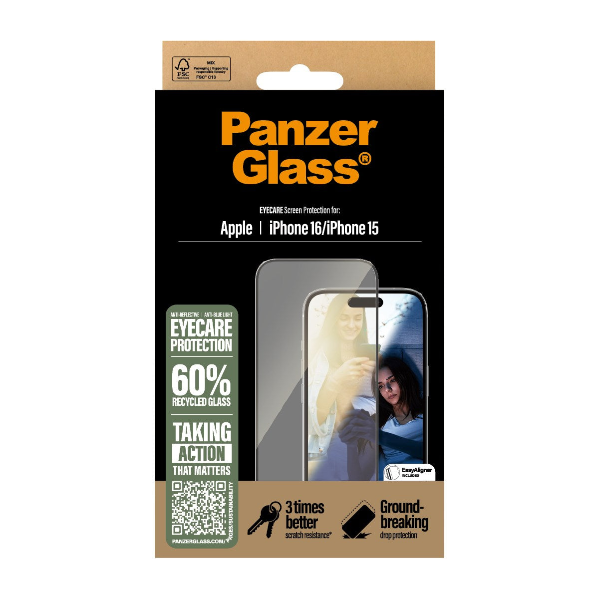 PanzerGlass® EyeCare Skærmbeskyttelse iPhone 16 | 15 | Ultra-Wide Fit